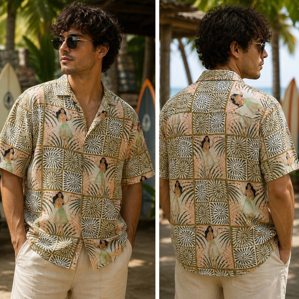 Tommy Bahama Hula Girl Shirt Mens L Beige Silk Tropical Camp Relax Fit